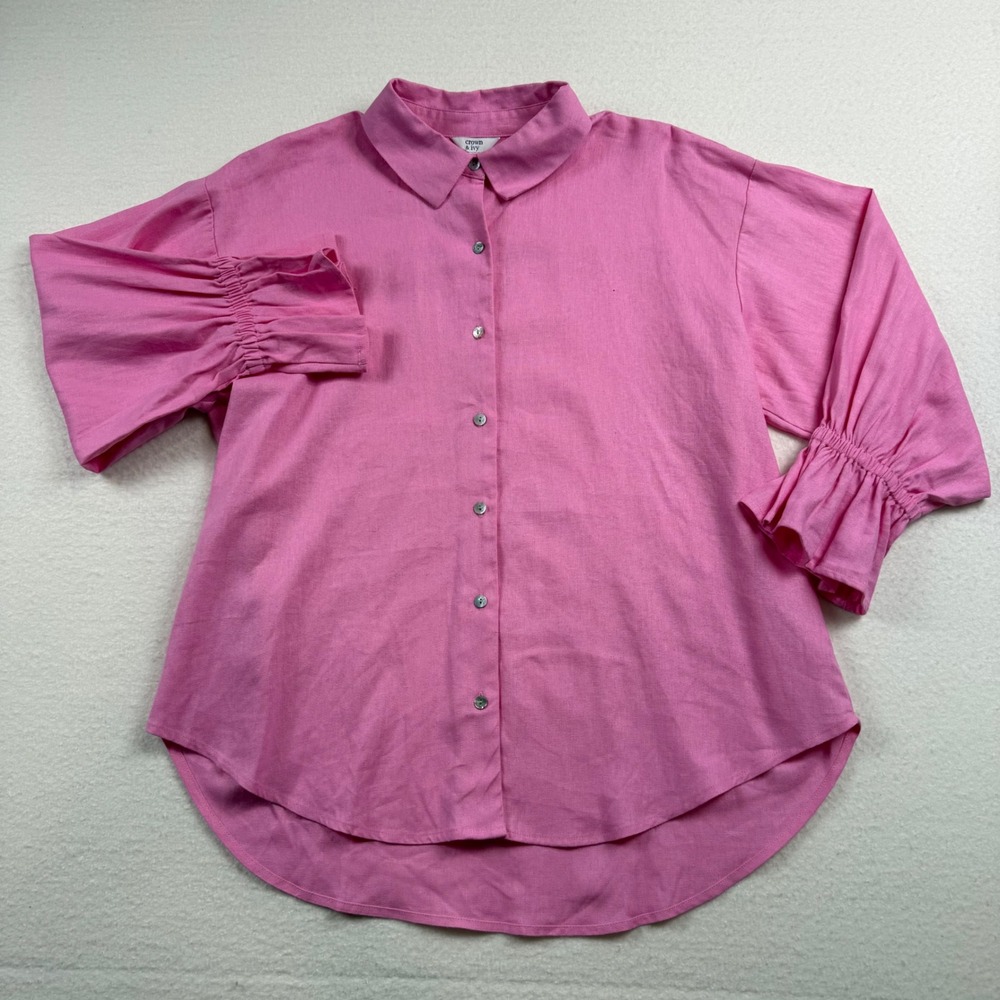 Crown & Ivy Button Down Linen Blend Coastal Coquette Southern Pink Shirt L - Picture 2 of 11